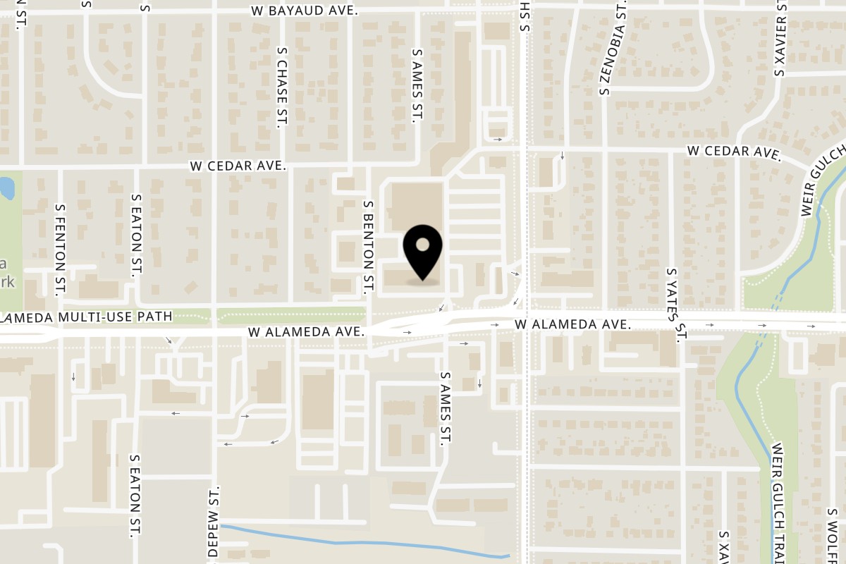 Map showing the location of Max Pizza & Masala Lakewood on 275 S Sheridan Blvd in Lakewood