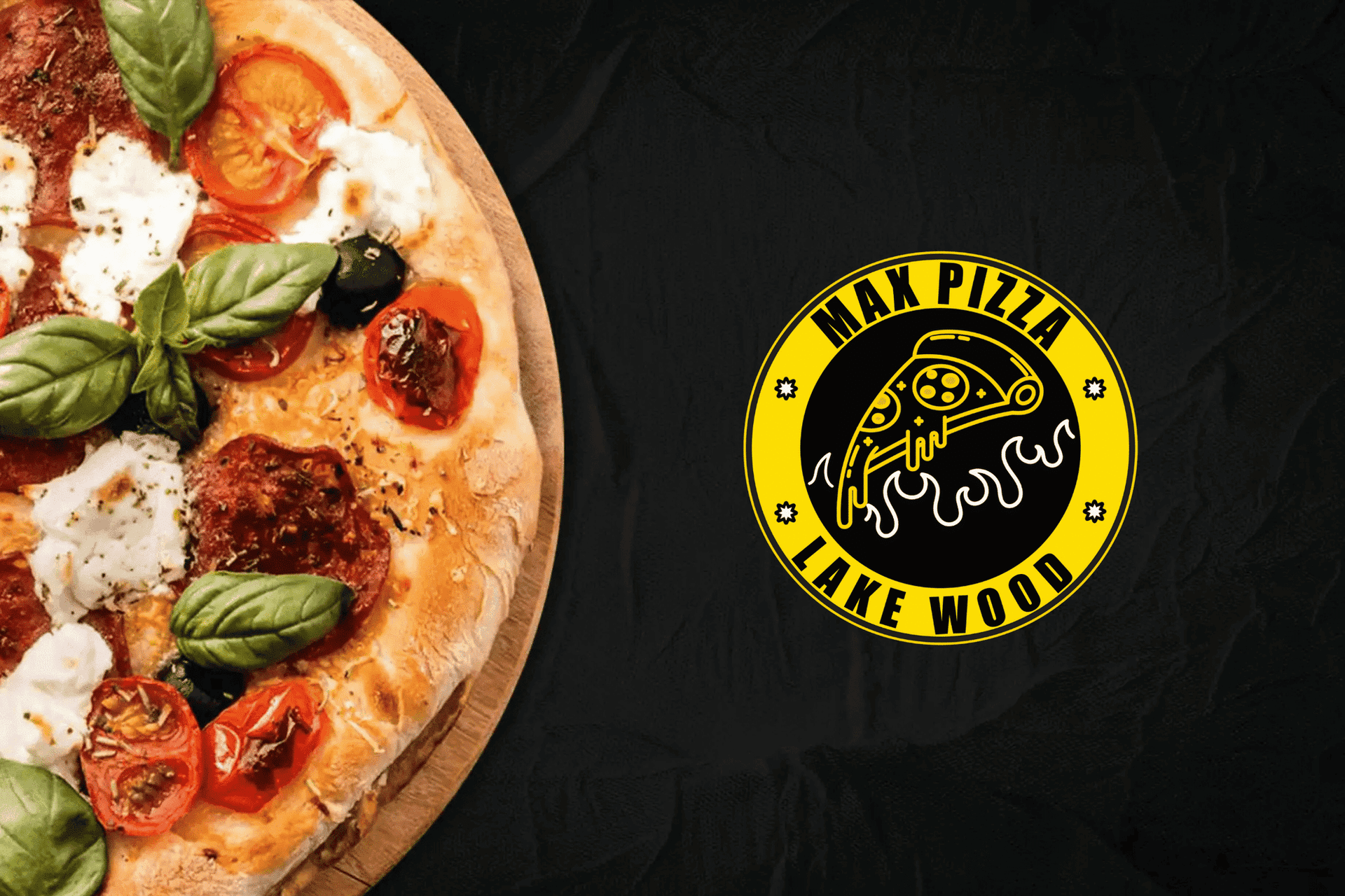 Pizza with basil, tomatoes, olives, and pepperoni next to "Max Pizza Lake Wood" logo.