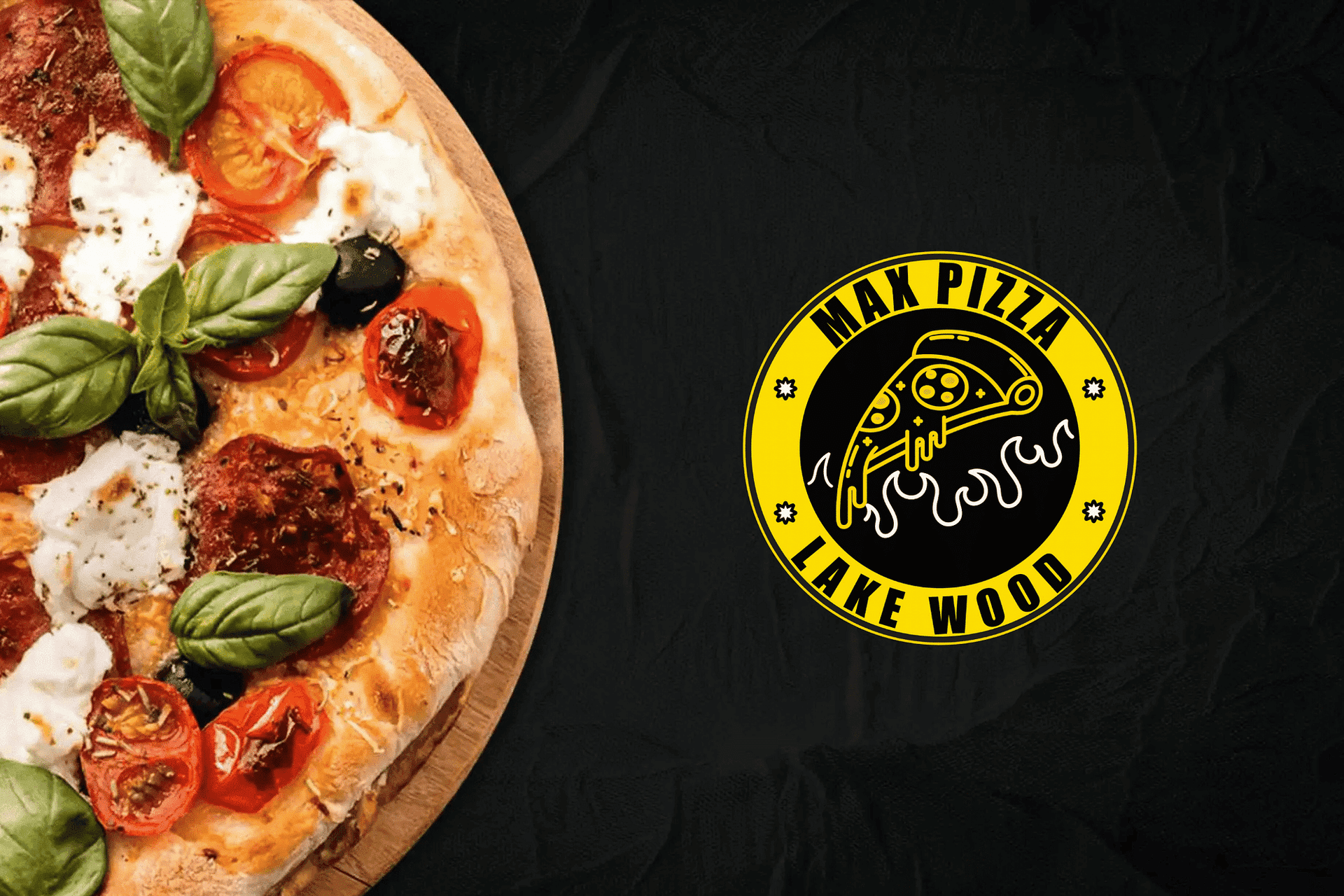 Pizza with basil, tomatoes, olives, and pepperoni next to "Max Pizza Lake Wood" logo.